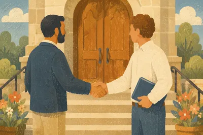 Warm Church Welcome Handshake at Stone Entrance