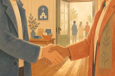 Warm Church Welcome Handshake in Chapel Foyer
