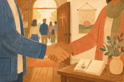 Warm Church Welcome Handshake in Chapel Foyer