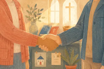 Warm Church Welcome Handshake in Sunlit Foyer