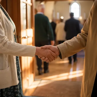 Warm Church Welcome Handshake at Chapel Entrance