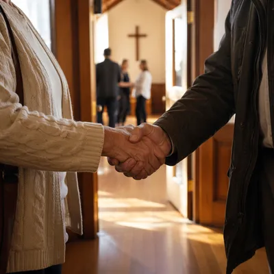 Warm Church Welcome Handshake in Chapel Foyer