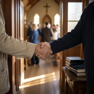 Warm Church Welcome Handshake in Chapel Entryway