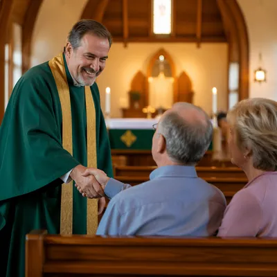 Warm Church Welcome Handshake in Sanctuary