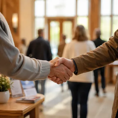 Warm Church Welcome Handshake in Foyer