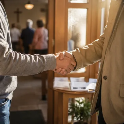Warm Church Welcome Handshake in Morning Light