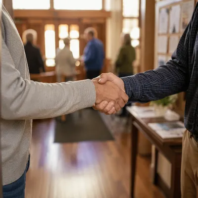 Warm Church Welcome Handshake in Foyer