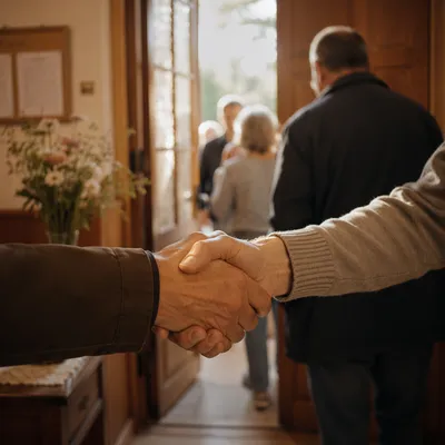 Warm Church Welcome Handshake in Foyer