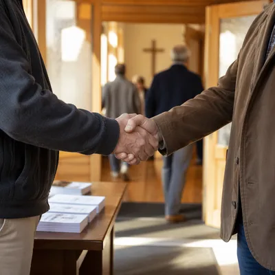 Warm Church Welcome Handshake in Chapel Foyer