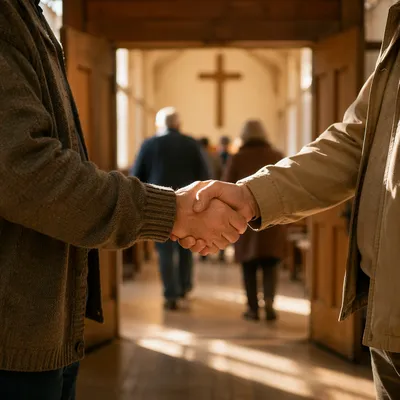 Warm Church Welcome Handshake in Chapel