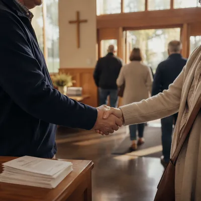 Warm Church Welcome Handshake in Chapel Lobby