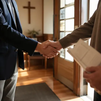Warm Church Welcome Handshake in Chapel