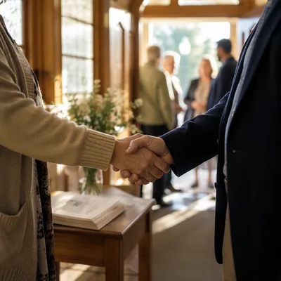 Warm Church Welcome Handshake in Chapel Foyer