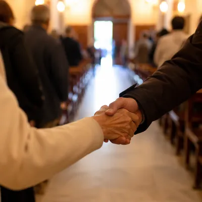 Warm Church Welcome Handshake in Sanctuary
