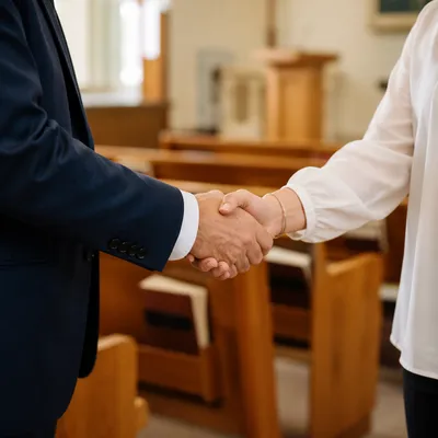 Warm Church Welcome Handshake in Sanctuary