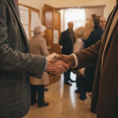 Warm Church Welcome Handshake in Foyer