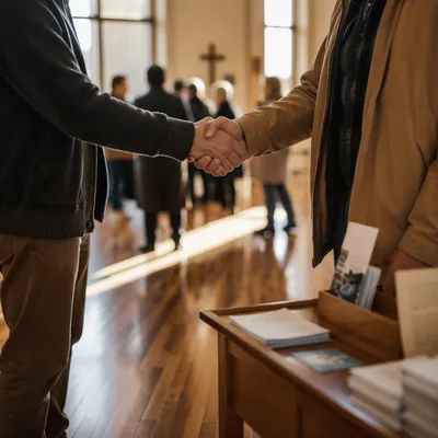 Warm Church Welcome Handshake in Foyer