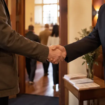 Warm Church Welcome Handshake in Chapel Foyer