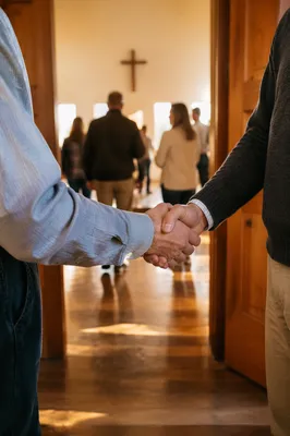 Warm Church Welcome Handshake in Chapel Foyer
