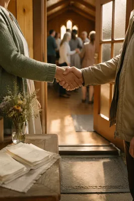 Warm Church Welcome Handshake at Chapel Entrance