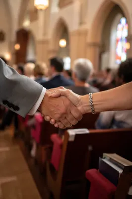 Warm Church Welcome Handshake in Sanctuary