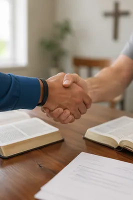 Warm Church Welcome Handshake at Fellowship Table