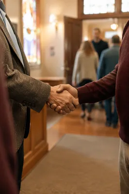 Warm Church Welcome Handshake in Foyer