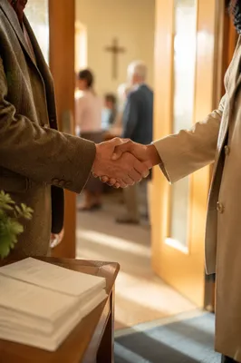 Warm Church Welcome Handshake in Sunlit Foyer
