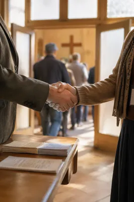 Warm Church Welcome Handshake in Chapel Foyer