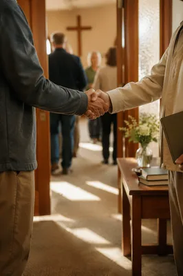 Warm Church Welcome Handshake in Chapel Foyer