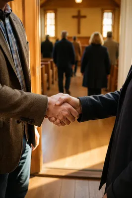 Warm Church Welcome Handshake at Chapel Entrance