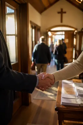 Warm Church Welcome Handshake in Chapel Lobby
