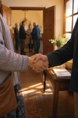 Warm Church Welcome Handshake in Chapel Foyer