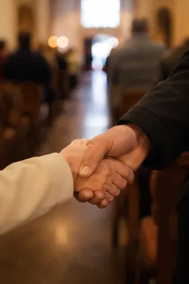 Warm Church Welcome Handshake in Sanctuary