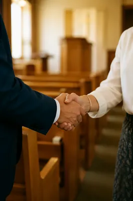 Warm Church Welcome Handshake in Sanctuary