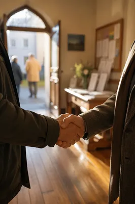 Warm Church Welcome Handshake in Chapel Foyer