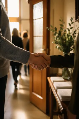 Warm Church Welcome Handshake in Chapel Foyer