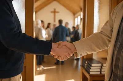Warm Church Welcome Handshake in Chapel