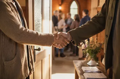 Warm Church Welcome Handshake at Chapel Entrance