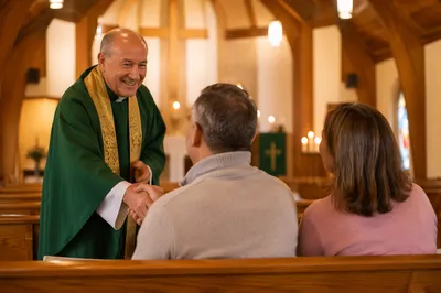 Warm Church Welcome Handshake in Sanctuary