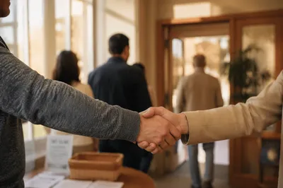 Warm Church Welcome Handshake in Foyer