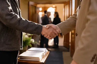 Warm Church Welcome Handshake in Sunlit Foyer