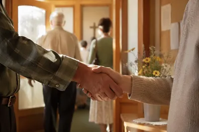 Warm Church Welcome Handshake in Foyer