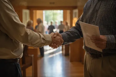 Warm Church Welcome Handshake in Chapel Foyer