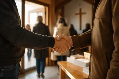 Warm Church Welcome Handshake in Chapel Foyer