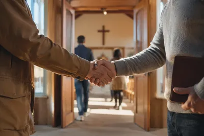 Warm Church Welcome Handshake in Chapel Entryway