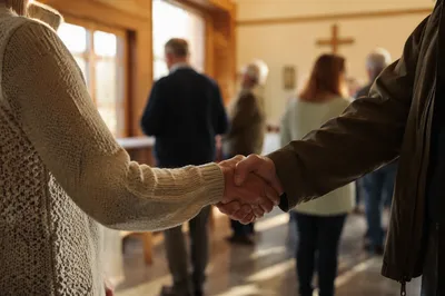 Warm Church Welcome Handshake in Chapel Foyer