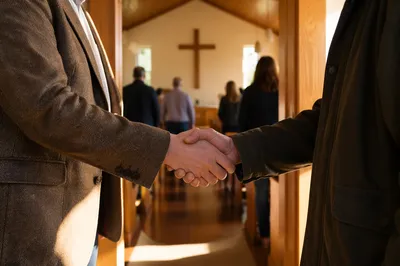 Warm Church Welcome Handshake at Chapel Entrance