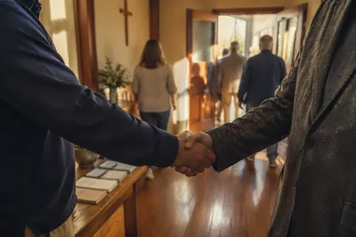 Warm Church Welcome Handshake in Chapel Lobby