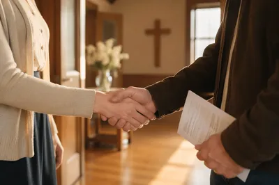 Warm Church Welcome Handshake in Chapel Foyer